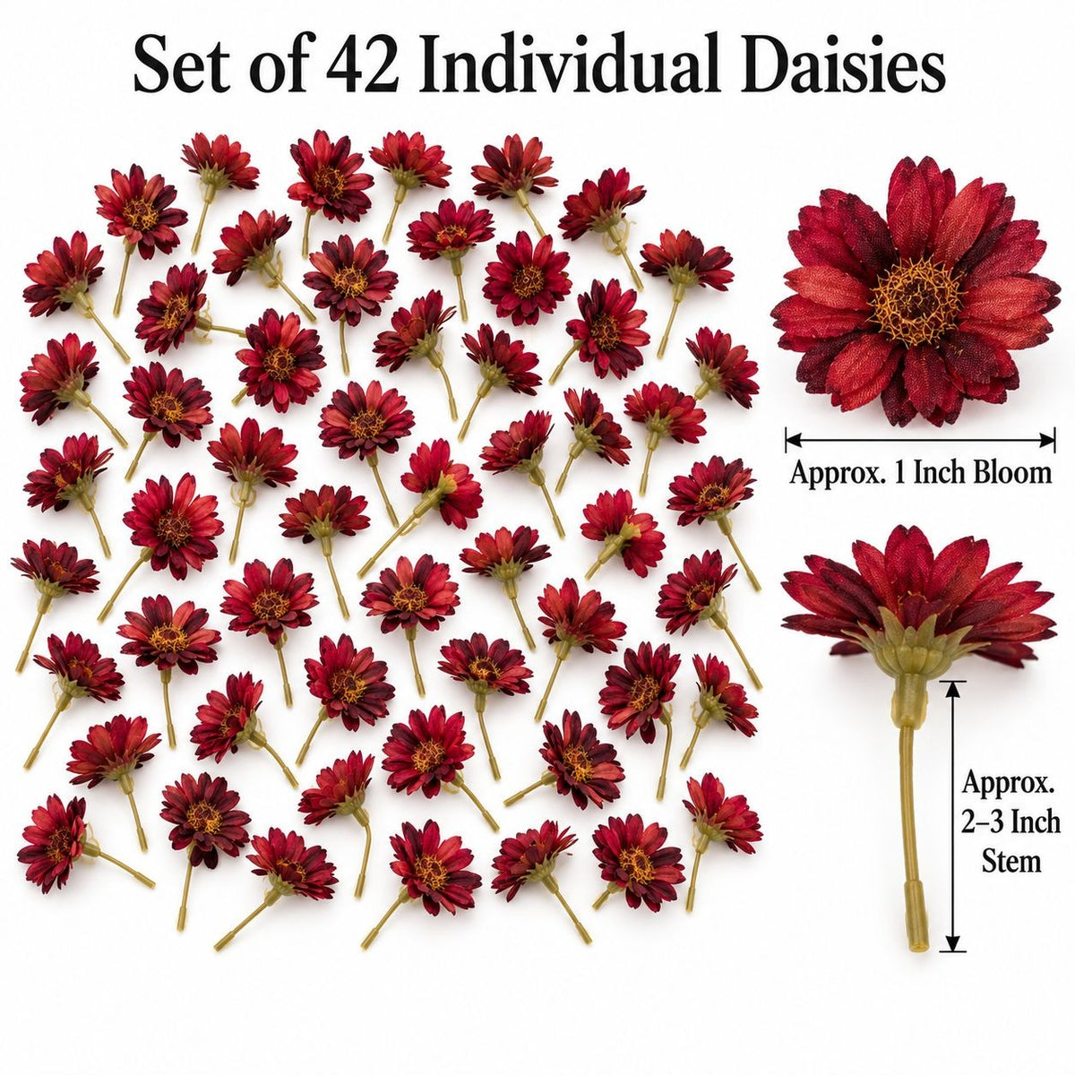 42 Burgundy Mini Daisy Flowers, 1 Inch Artificial Silk Wine Red Craft Blooms