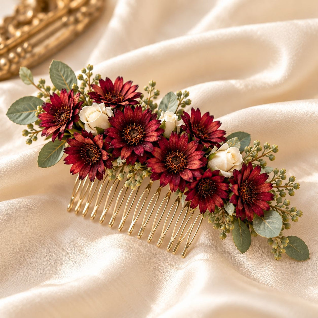 42 Burgundy Mini Daisy Flowers, 1 Inch Artificial Silk Wine Red Craft Blooms