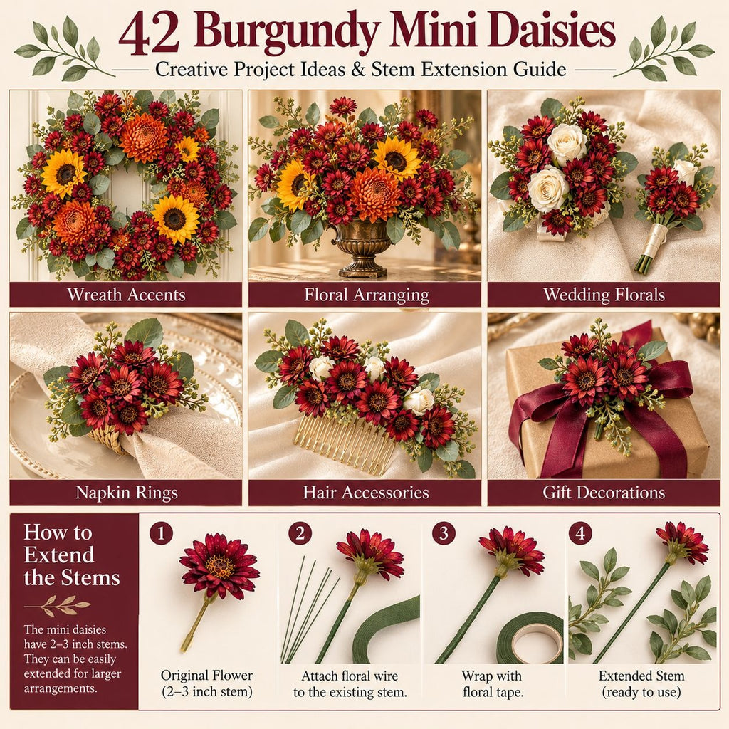 42 Burgundy Mini Daisy Flowers, 1 Inch Artificial Silk Wine Red Craft Blooms