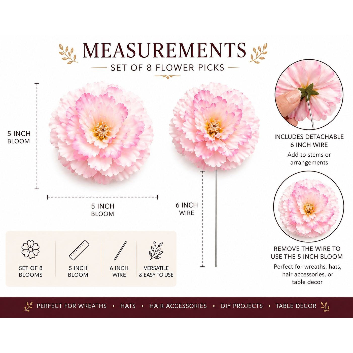 Measurement chart for a set of 8 pink flower picks with details on size and use.