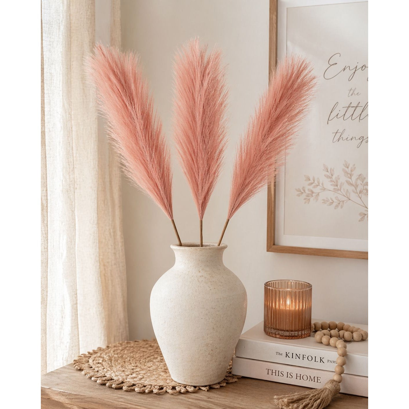 Rose Pink Pampas Grass 3 Stem Faux Pampas 21 Inch Boho Decor Rustic Vase Filler Farmhouse Floral Stems Mauve Pampas Wedding Deco