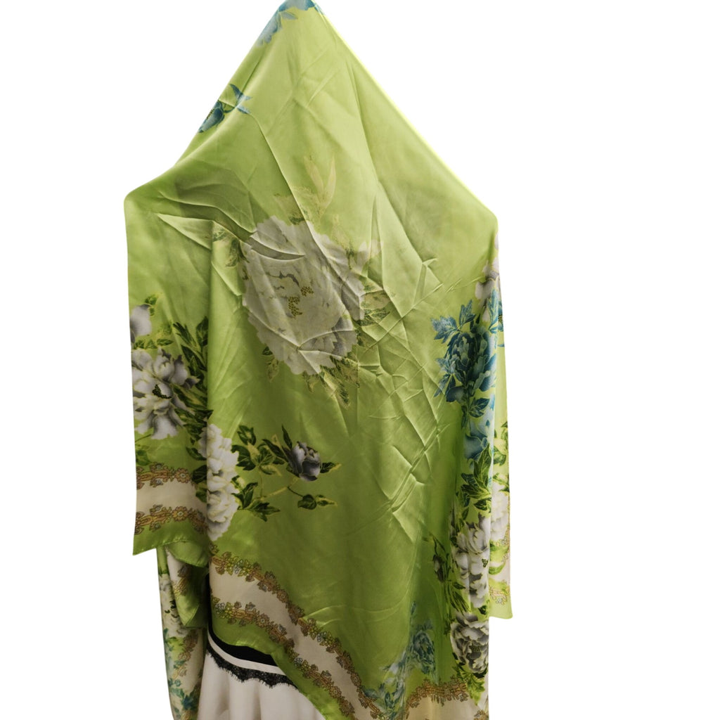 Green Floral Satin Scarf Lightweight Shawl Wrap Elegant Summer Accessory