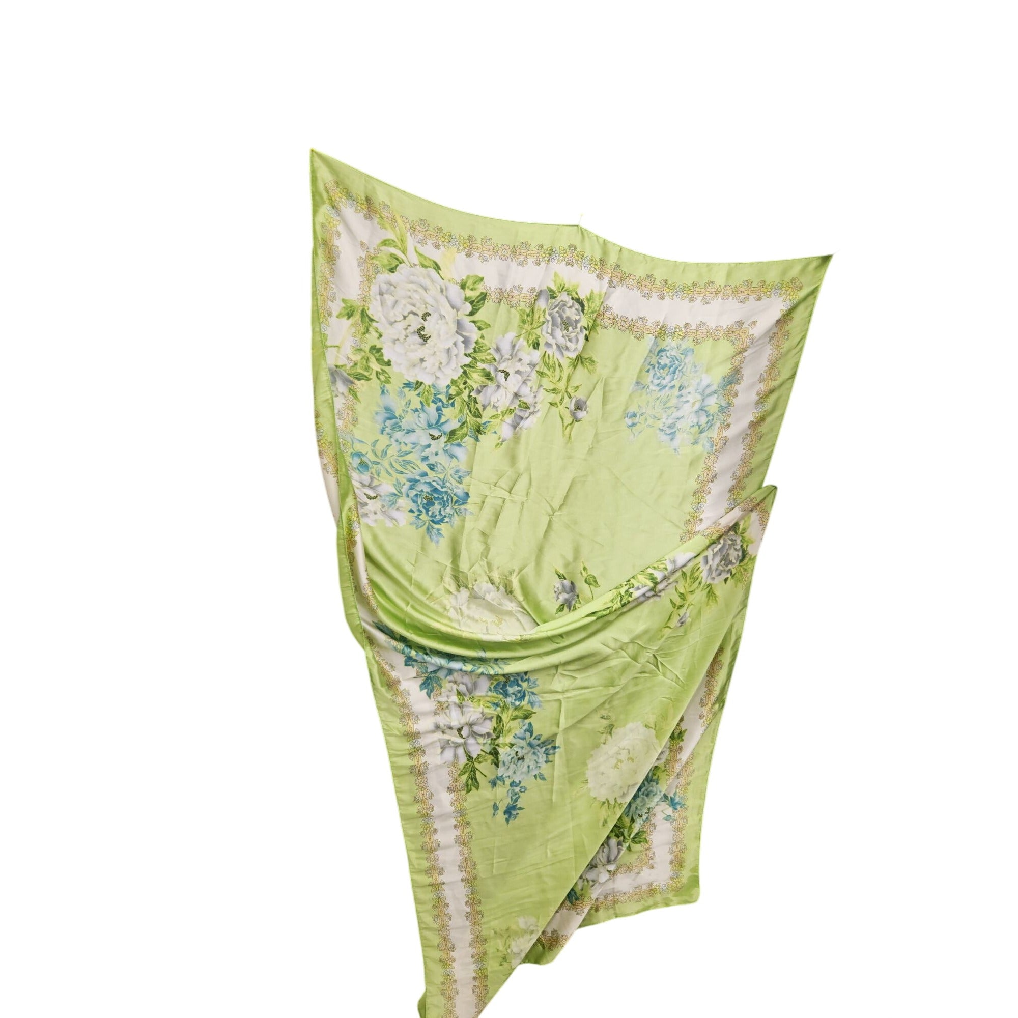 Green floral patterned scarf on a white background