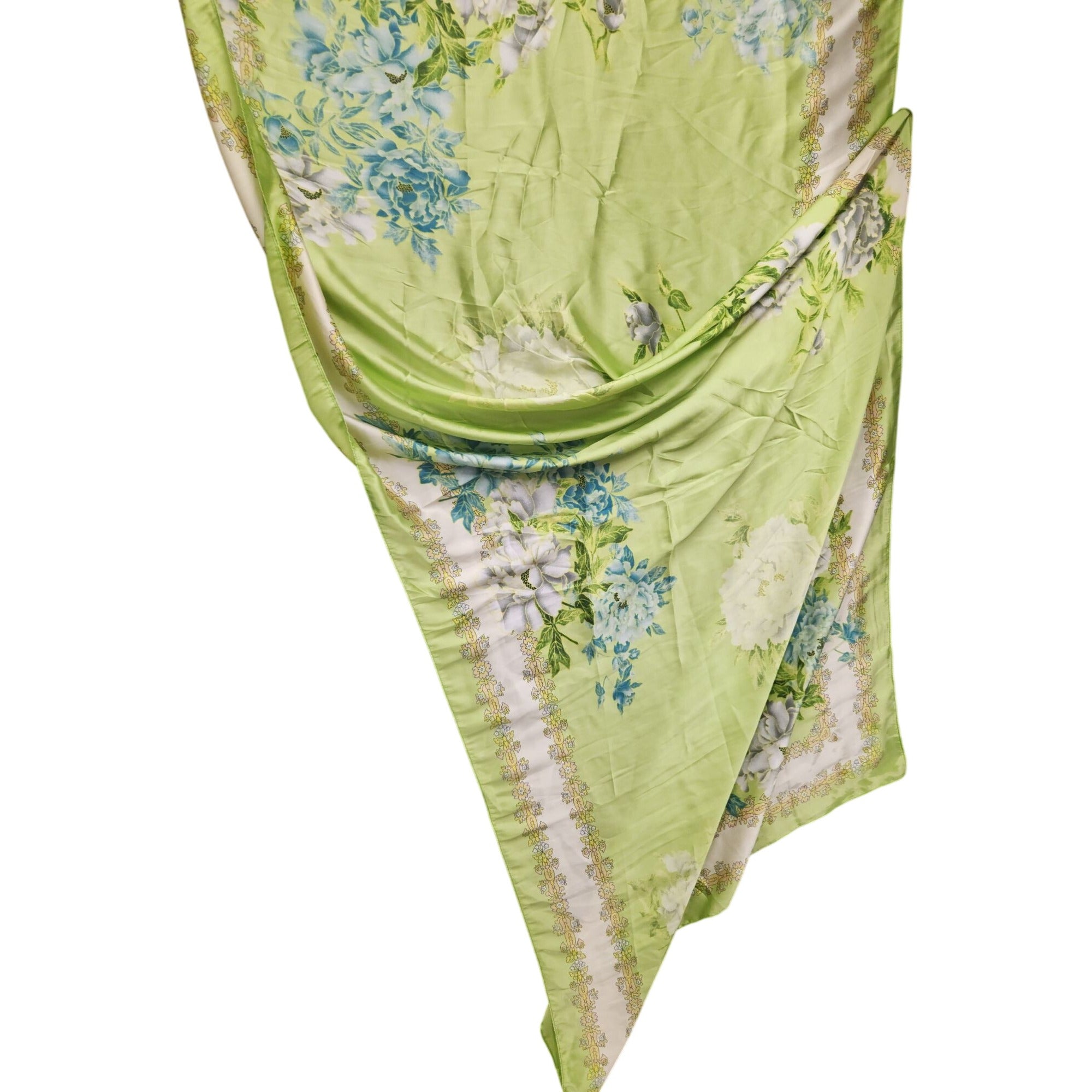 Green Floral Satin Scarf Lightweight Shawl Wrap Elegant Summer Accessory