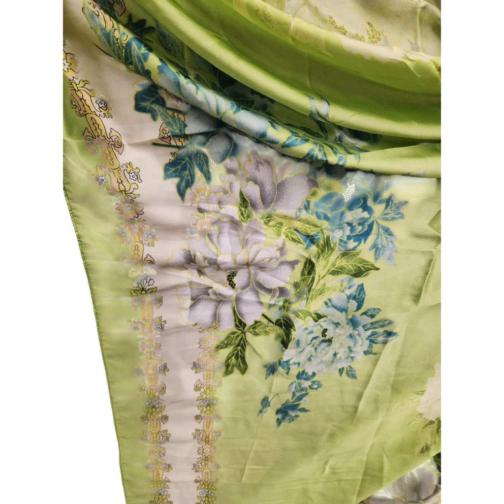 Green Floral Satin Scarf Lightweight Shawl Wrap Elegant Summer Accessory