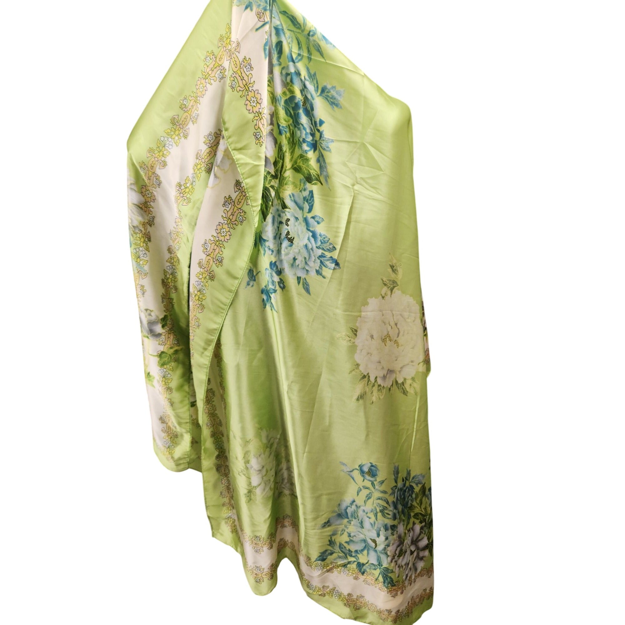 Green Floral Satin Scarf Lightweight Shawl Wrap Elegant Summer Accessory