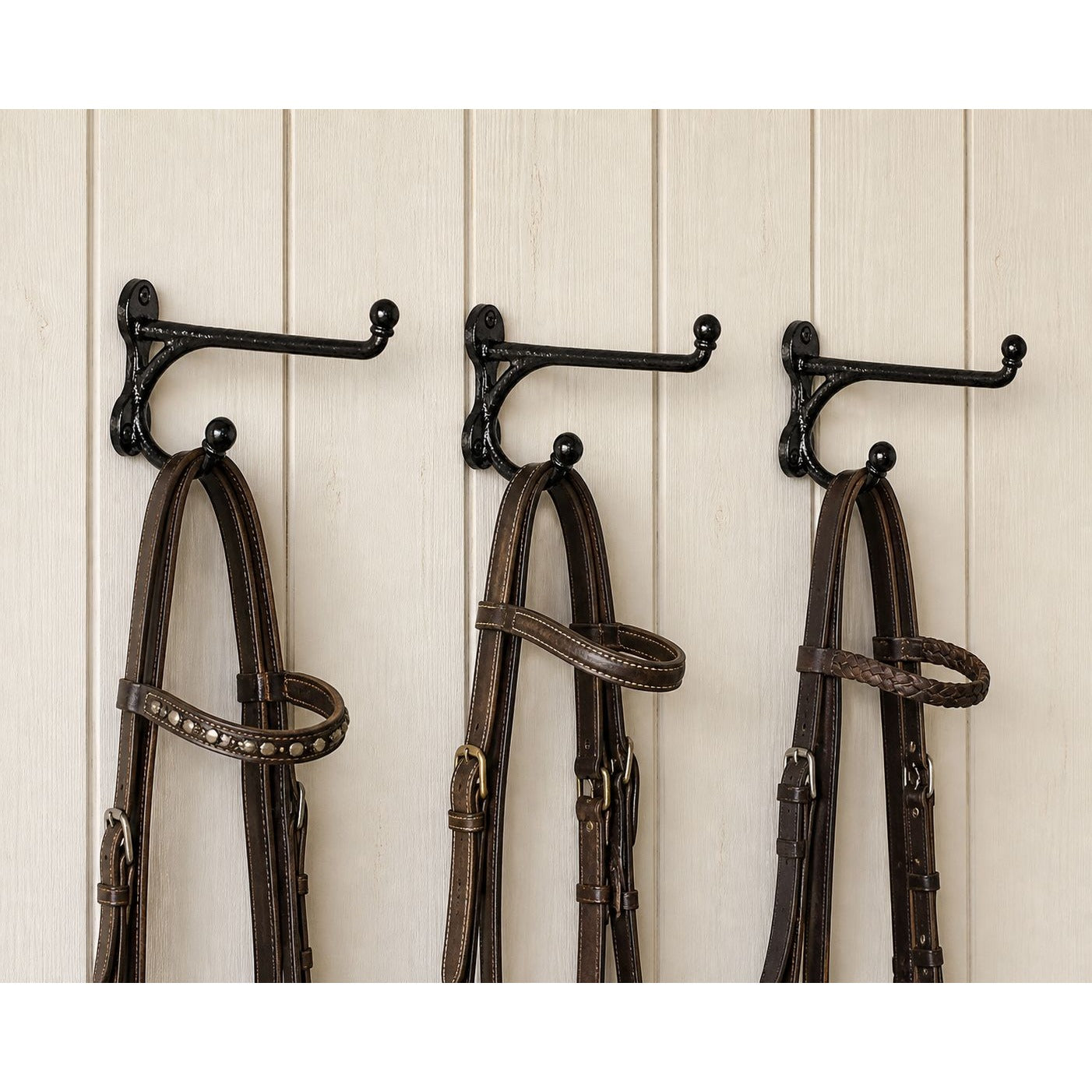Vintage Black Iron Western Harness Wall Hooks Set of 3 Rustic Heavy Duty