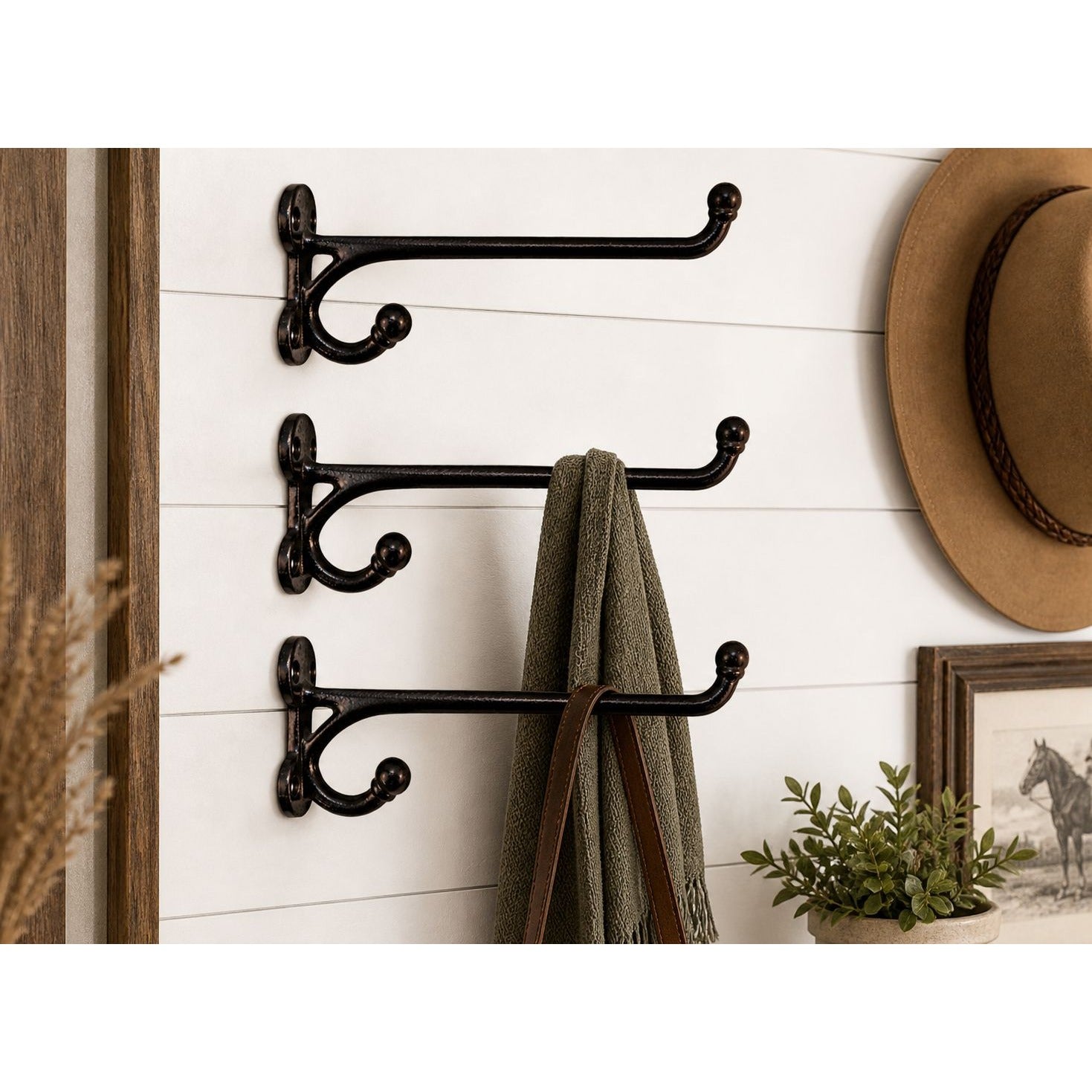Vintage Black Iron Western Harness Wall Hooks Set of 3 Rustic Heavy Duty