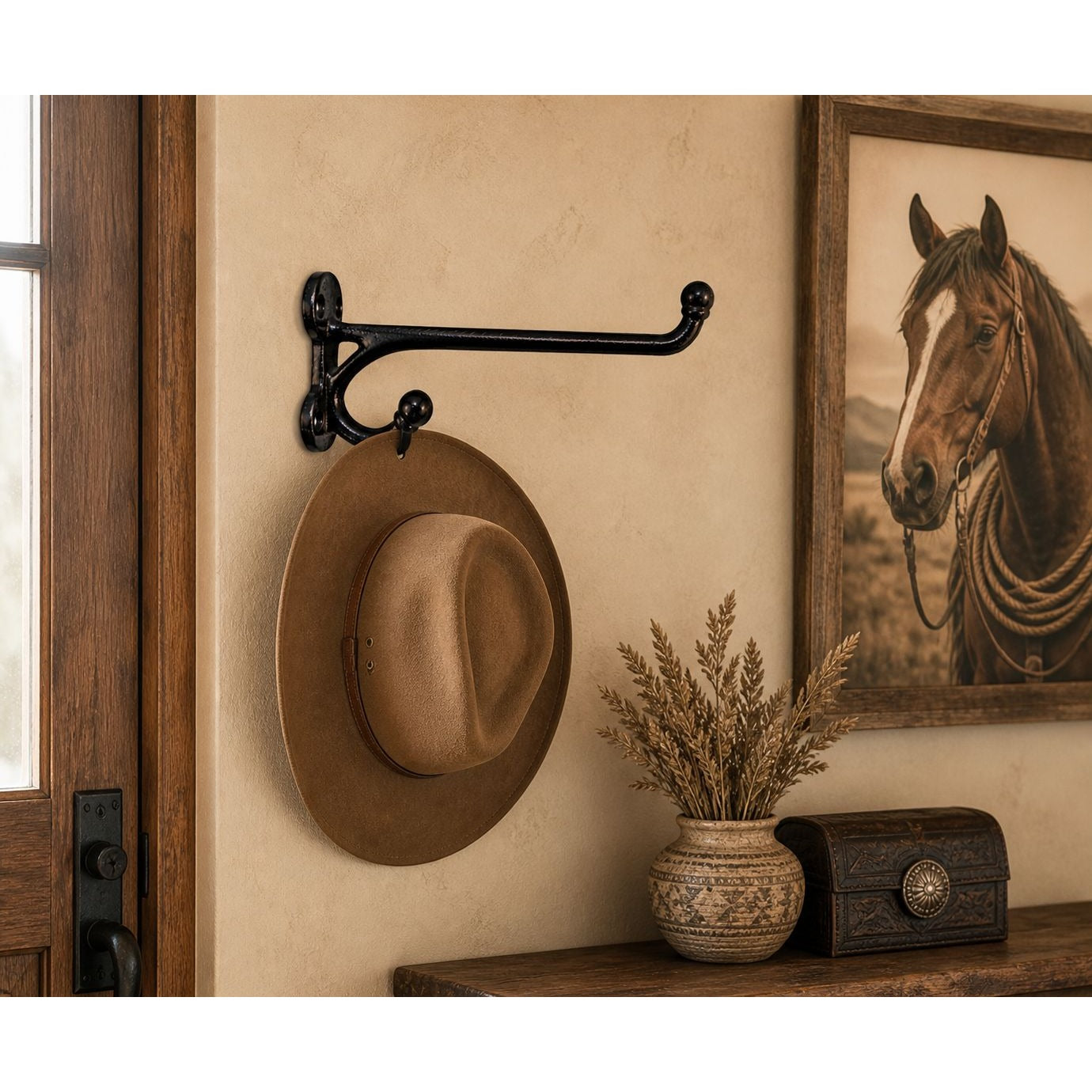 Vintage Black Iron Western Harness Wall Hooks Set of 3 Rustic Heavy Duty