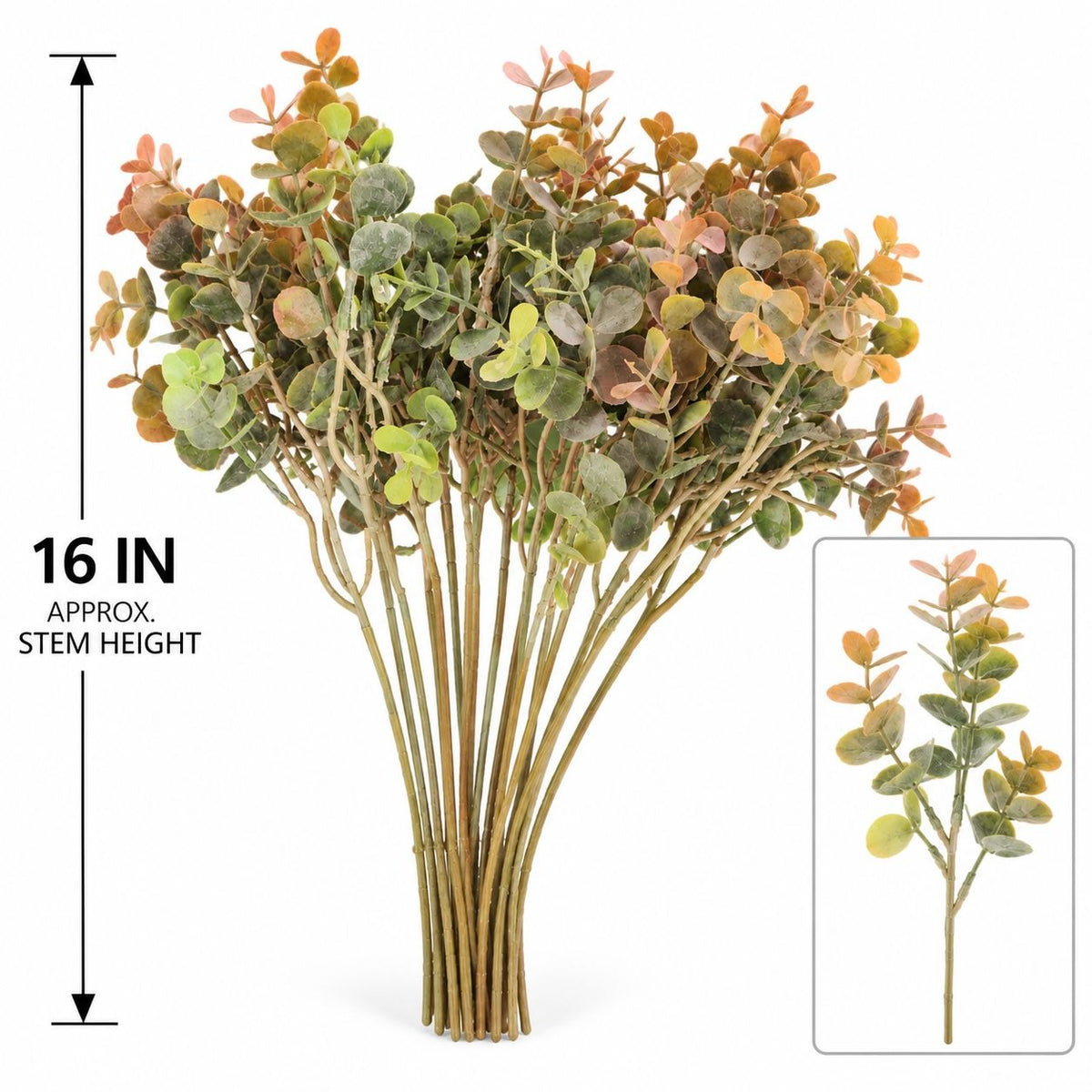 Artificial eucalyptus-style plant bundle with round green, yellow, and orange leaves on tan stems, shown on a white background with a size callout indicating 16 inches stem height and a small inset of the plant alone.