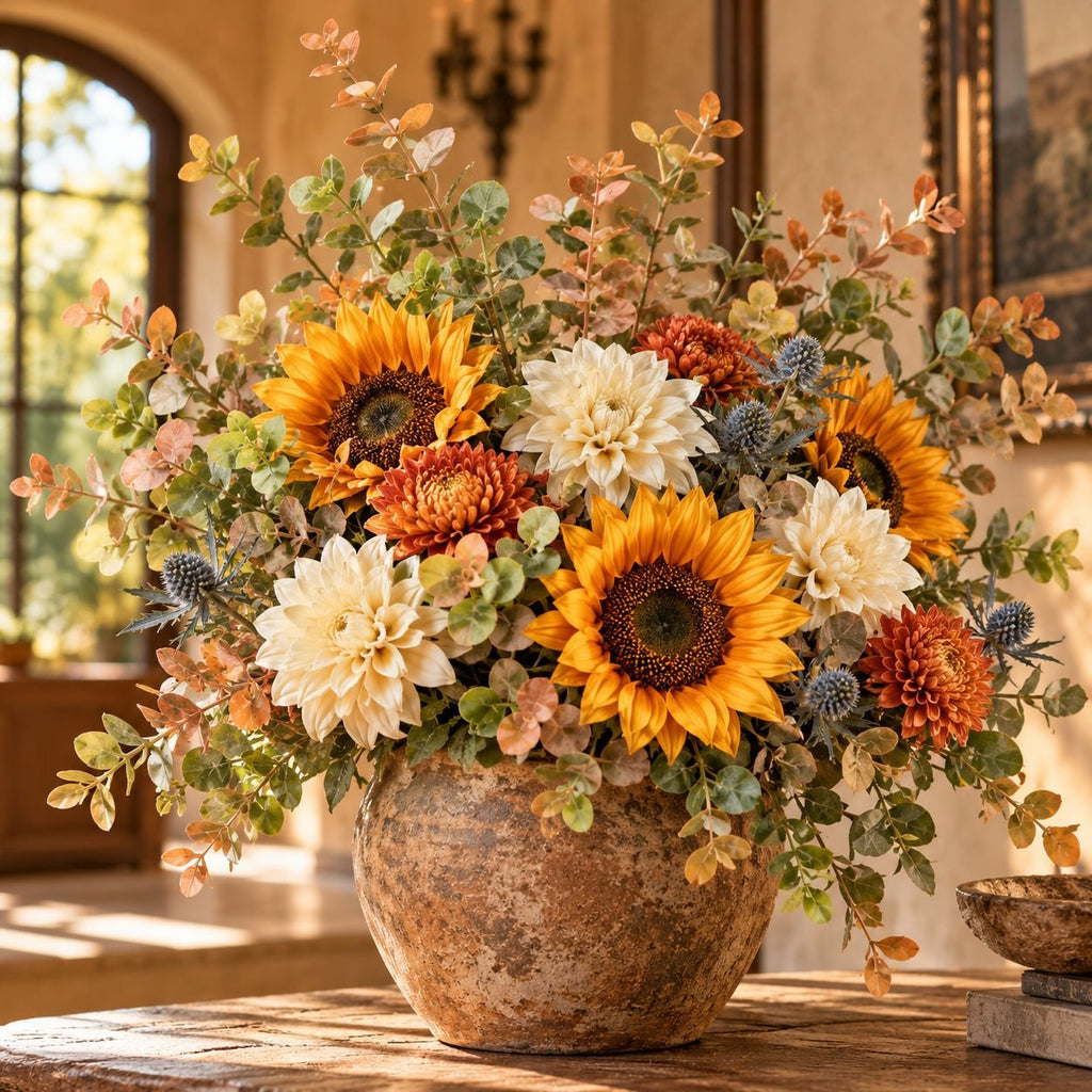A large artificial autumn floral arrangement in a rustic brown ceramic pot, featuring sunflowers, white dahlias, orange chrysanthemums, and green foliage, displayed on a wooden table in a warm, sunlit room.