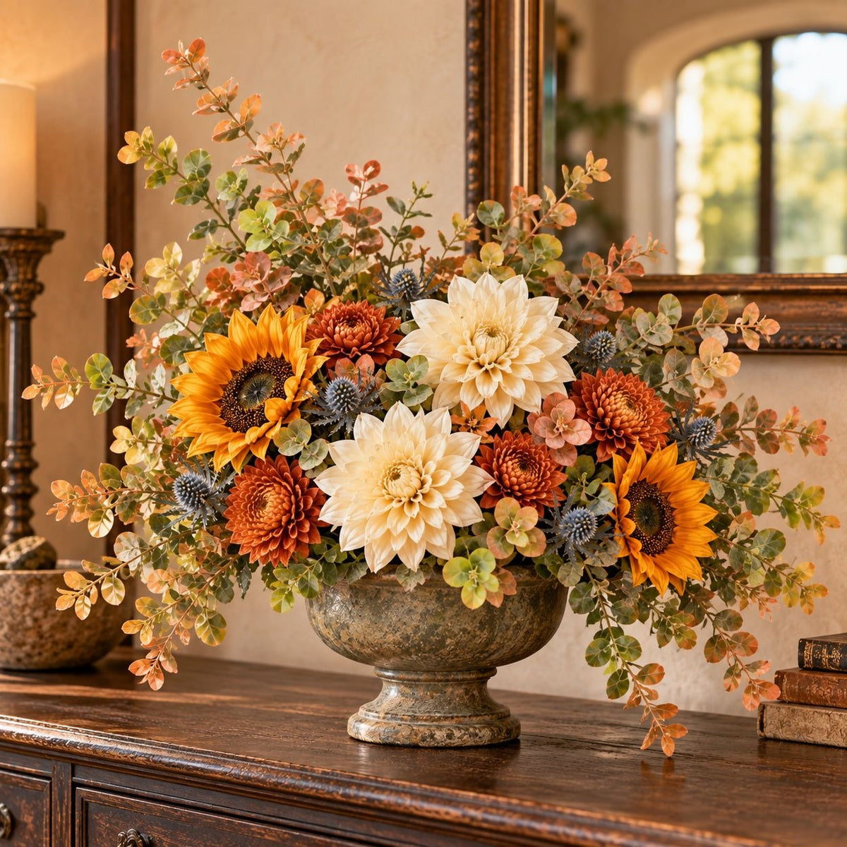 An autumn floral arrangement in a distressed bronze-colored urn, featuring sunflowers, dahlia-like white and orange flowers, and green foliage, displayed on a wooden console table in front of a mirror.