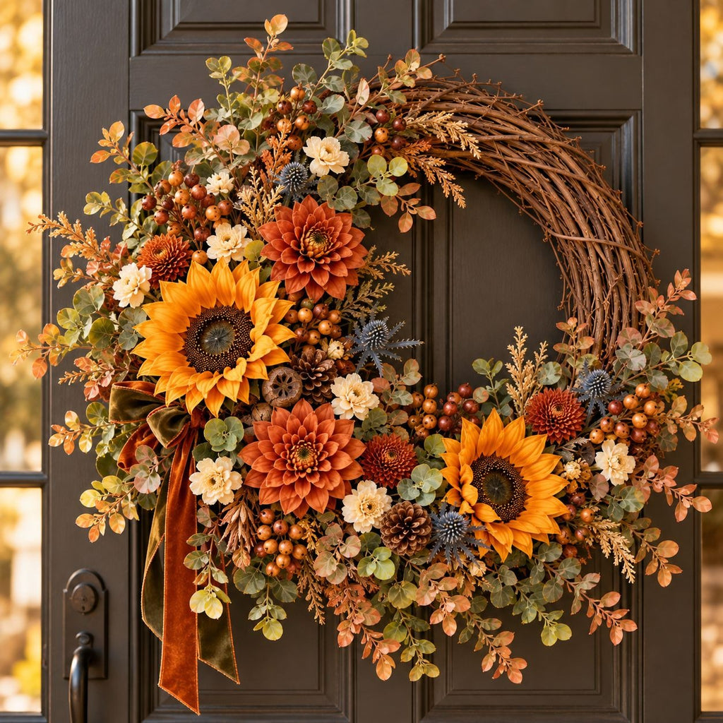 An autumn floral wreath hanging on a dark brown front door. The wreath features large orange and yellow sunflowers, orange and red dahlias, eucalyptus leaves, pinecones, berries, and a rust-colored ribbon bow.