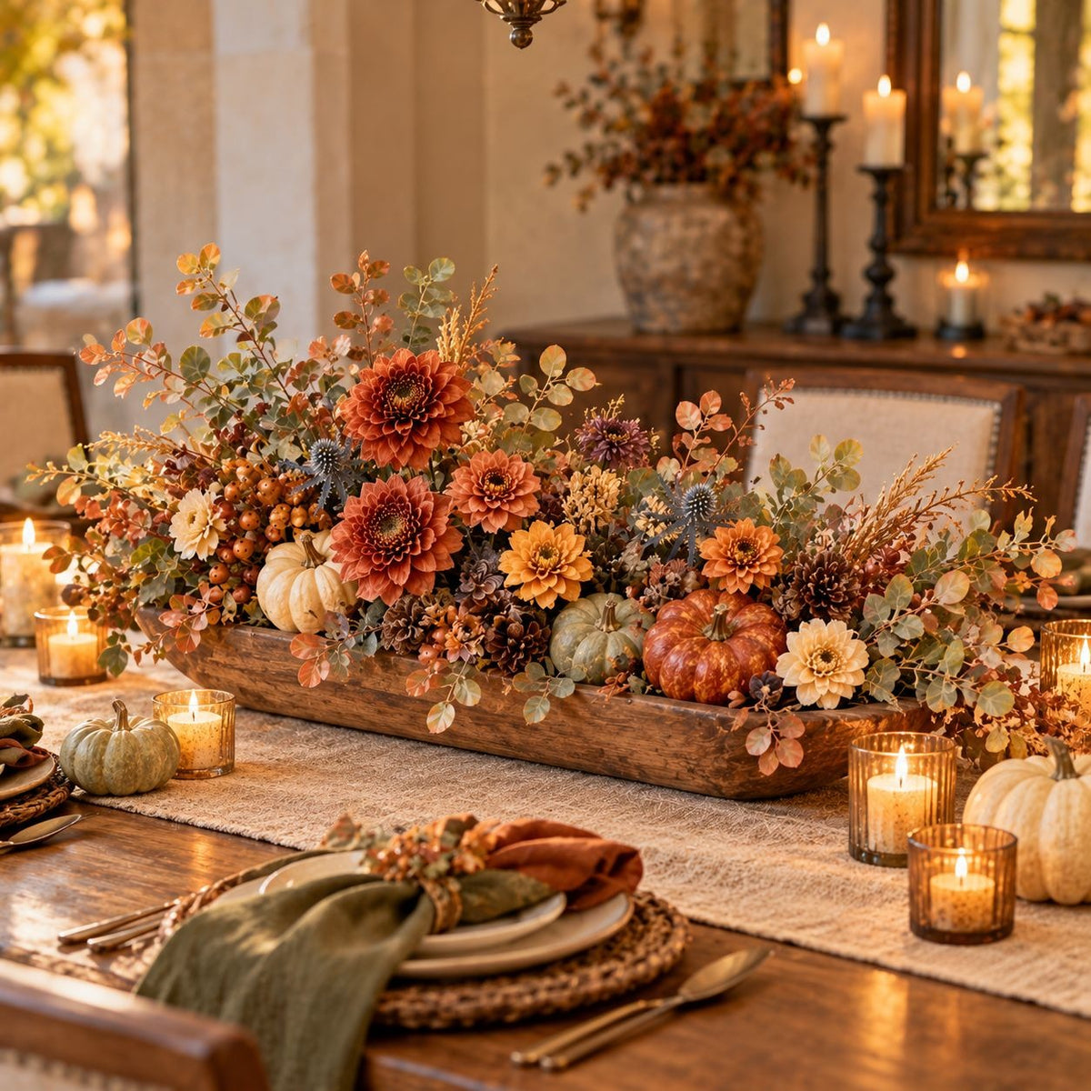 A rustic autumn floral centerpiece in a long wooden tray on a dining table, filled with orange and yellow flowers, pumpkins, berries, and eucalyptus, surrounded by lit candles in a warm, decorated dining room.