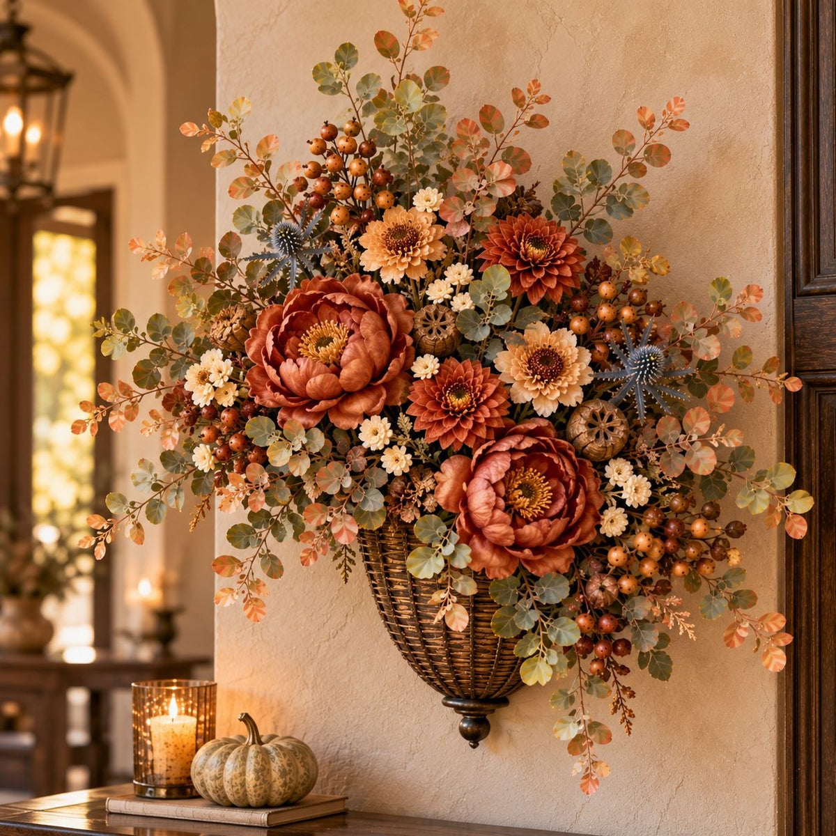 An autumn-themed floral wall arrangement in a basket-style holder, featuring large peony-like flowers, eucalyptus leaves, berries, and small daisies, displayed on a wall in a warmly lit interior setting.