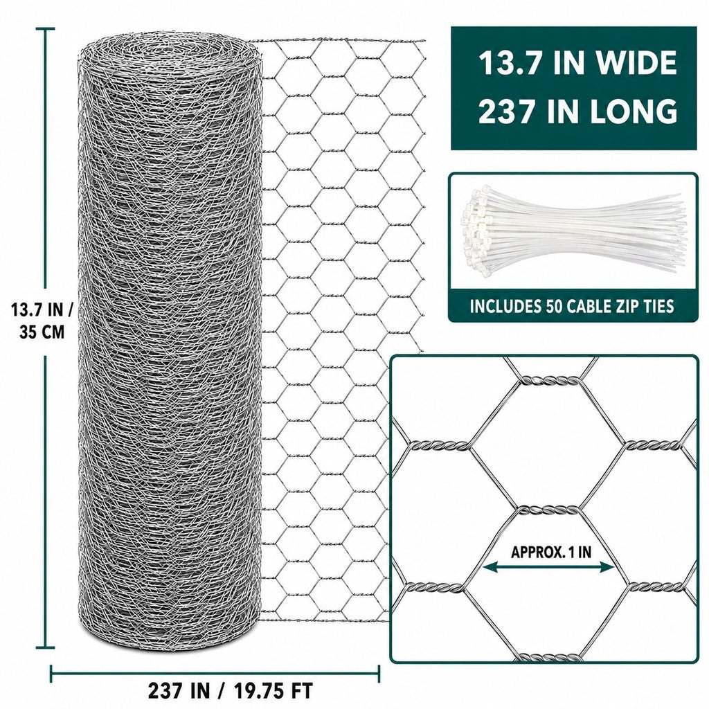 Galvanized Chicken Wire with 50 Zip Ties, 13.7 In x 237 In Garden Mesh