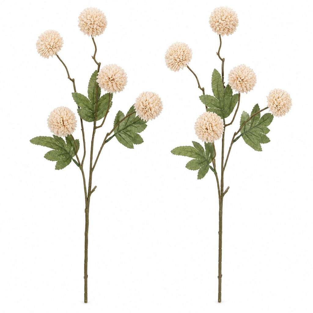 Set of 2 Coconut Milk Chrysanthemum Mums Pom Flower Stems, 20 Inch Cream Beige Artificial Silk Mum Filler, Neutral Fall Wedding Cottage Decor