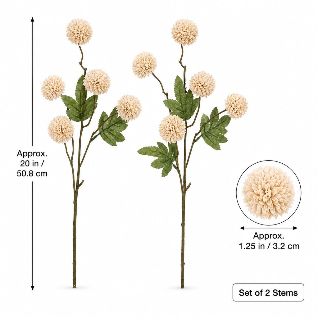 Two artificial chrysanthemum stems with cream-colored pom-pom flowers and green leaves, shown on a white background with dimension callouts indicating approximately 20 inches tall and a 1.25-inch flower diameter, plus a label reading 'Set of 2 Stems'.