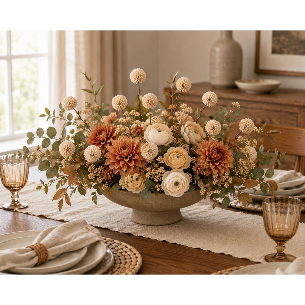 A large floral centerpiece arrangement in a round pedestal bowl, styled on a dining table runner with plates, napkins, and amber glassware in a warm, softly lit room.