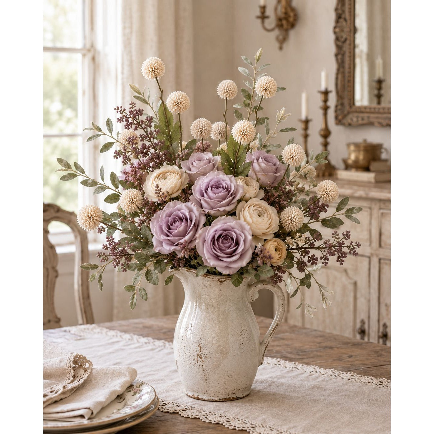 A floral arrangement of lavender and cream roses with green foliage in a distressed white ceramic pitcher, set on a table in a softly lit, vintage-style room.