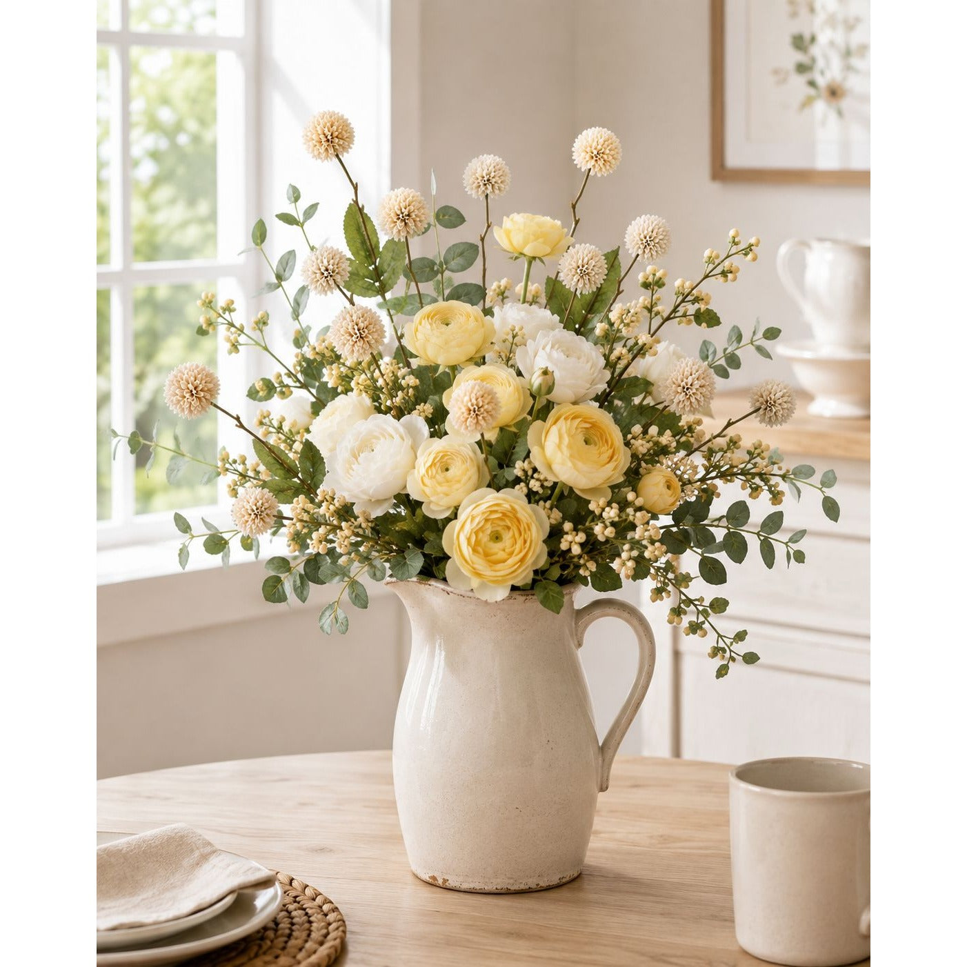 A large artificial flower arrangement in a textured cream ceramic pitcher, set on a light wood table in a bright, neutral-toned room.