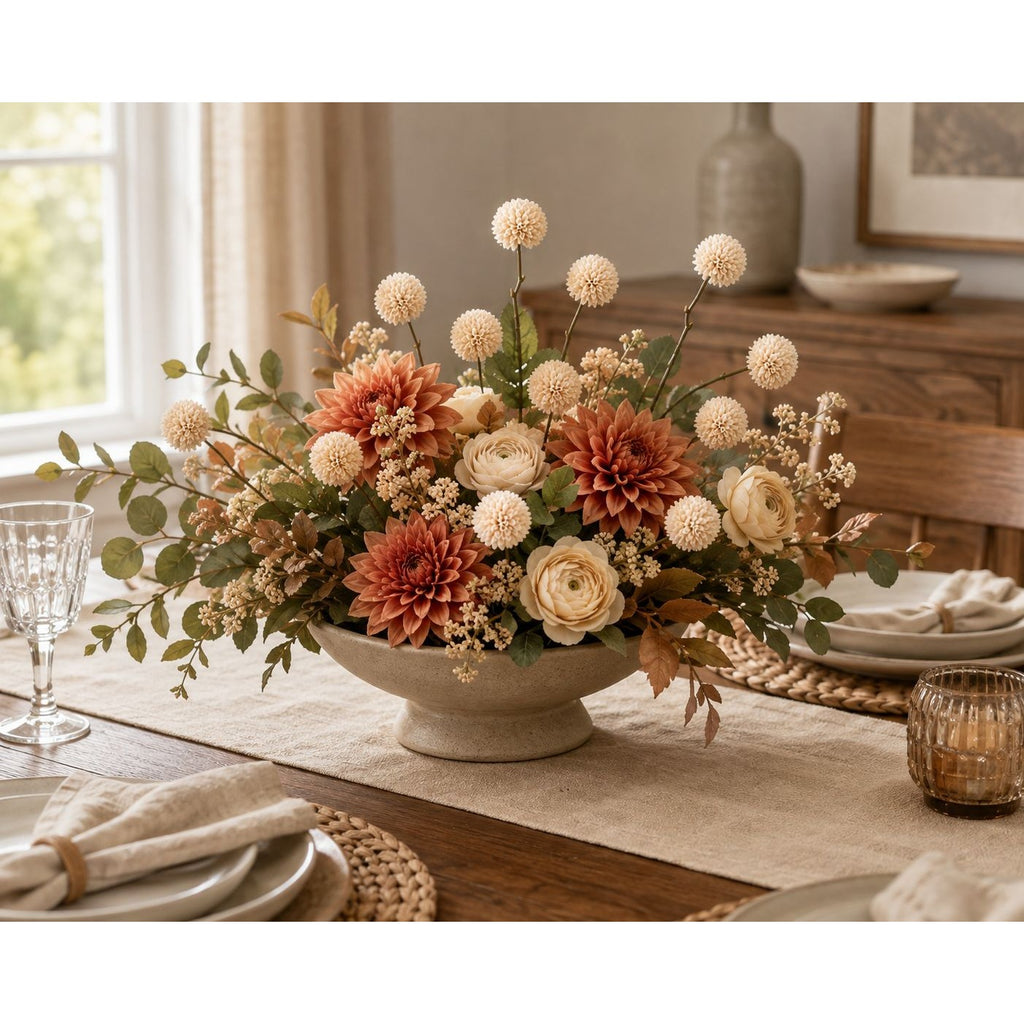 A floral centerpiece arrangement in a round pedestal bowl, styled on a dining table with plates, a runner, and warm home decor in the background.