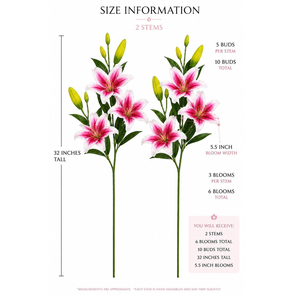 Pink Real Touch Lily Stems, Artificial Stargazer Lilies, Faux Lily Flowers, Tall Floral Stems, Wedding Flowers, Vase Arrangement, Set of 2