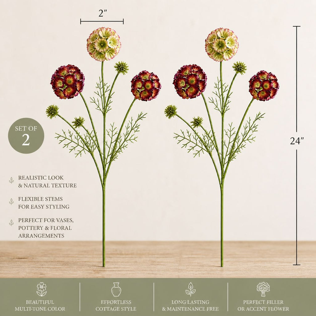 Artificial Scabiosa Flower Stems Green Blush Burgundy Faux Wildflower Cottage Floral Filler 24 Inch Set of 2