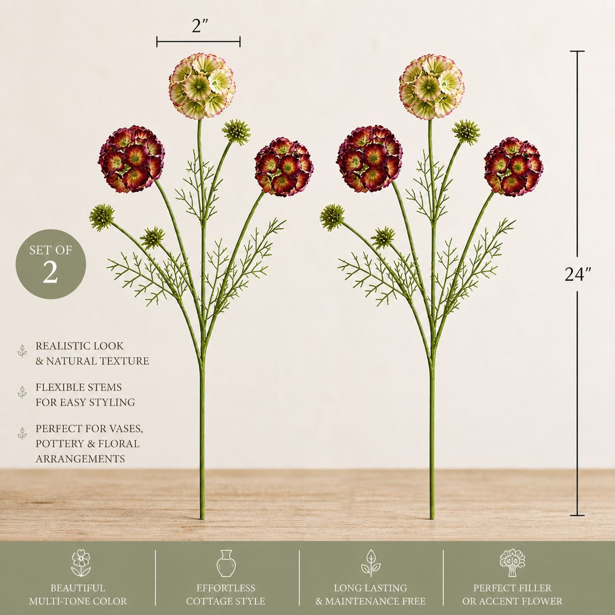 Artificial Scabiosa Flower Stems Green Blush Burgundy Faux Wildflower Cottage Floral Filler 24 Inch Set of 2