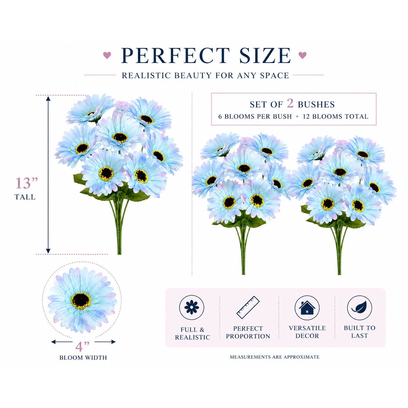 Set of 2 blue flower bushes with measurements and features on a white background