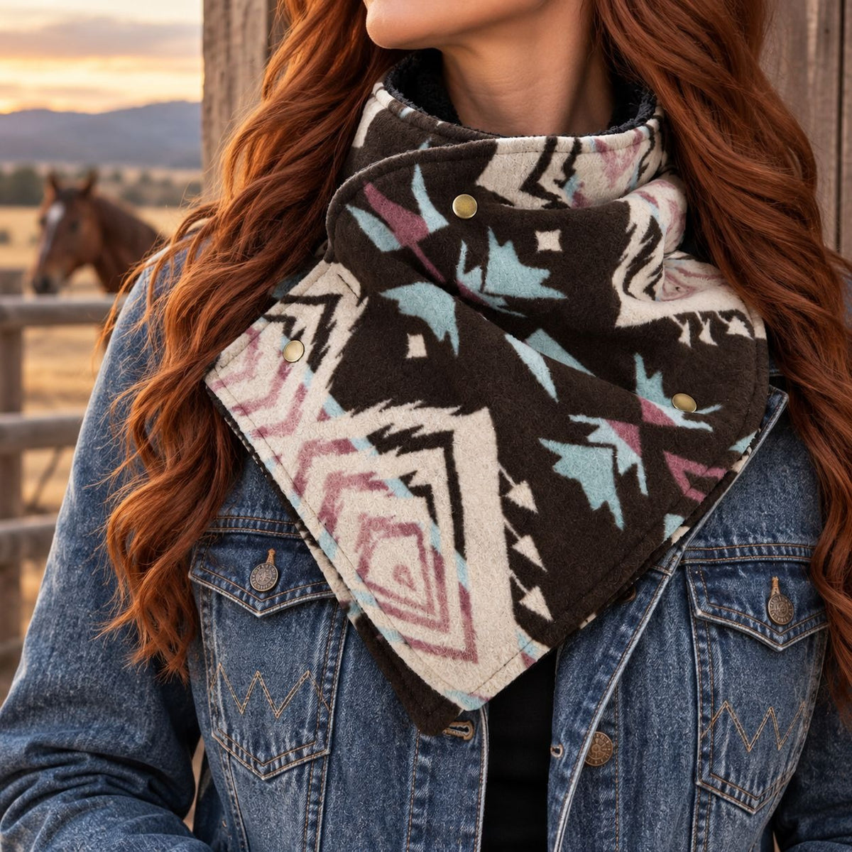 Southwestern Cowl Neck Warmer Scarf 36 x 9.5 Inch Fleece Lined Cowgirl