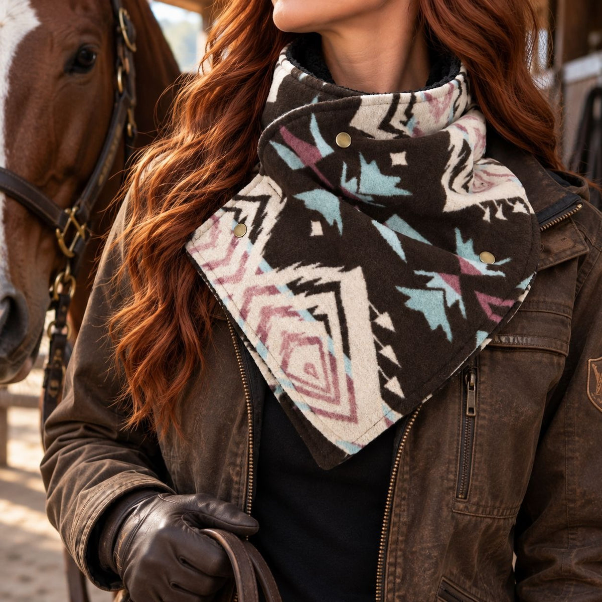 Southwestern Cowl Neck Warmer Scarf 36 x 9.5 Inch Fleece Lined Cowgirl