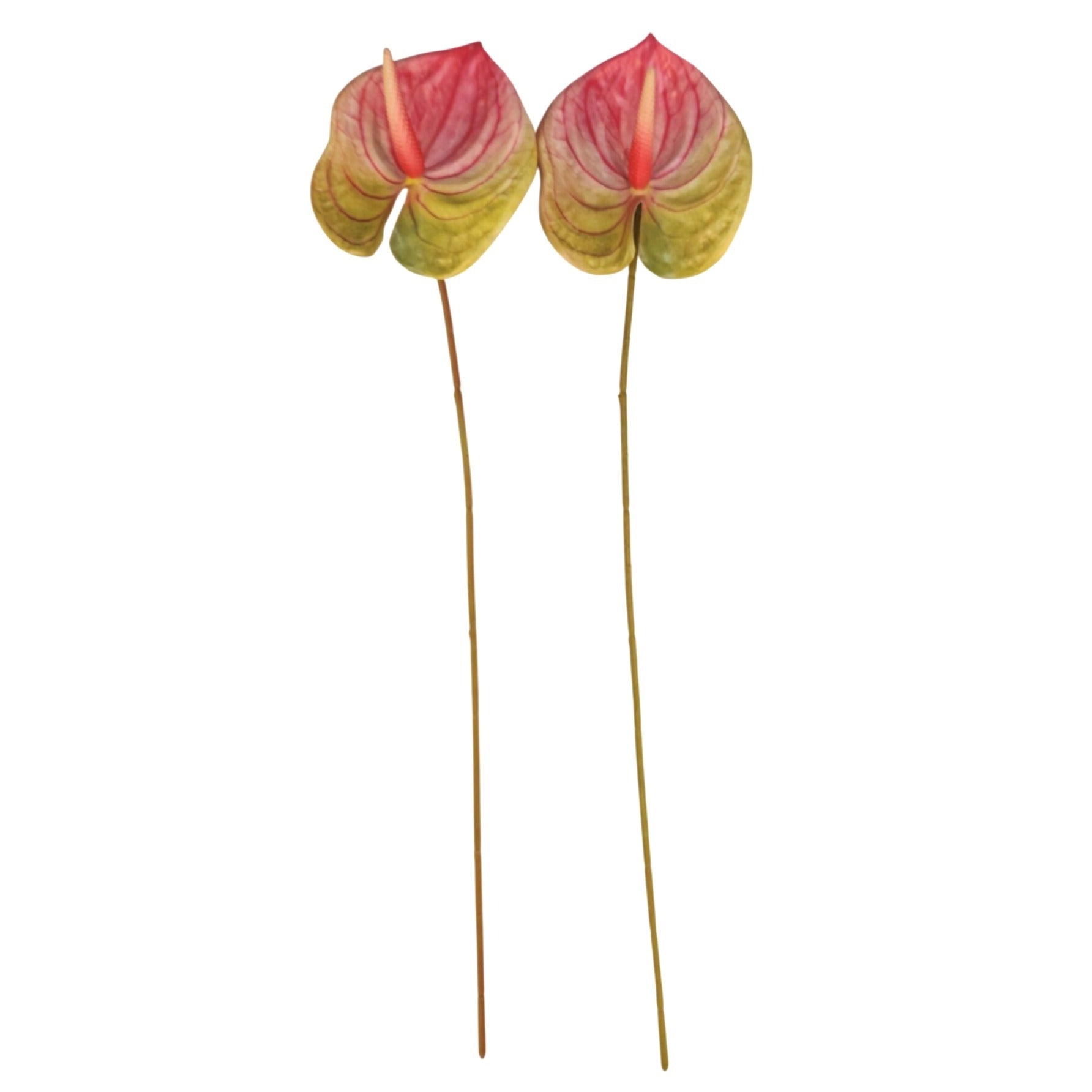 Pink Green Artificial Anthurium Stems Set of 3, 23 Inch Faux Tropical Home Decor