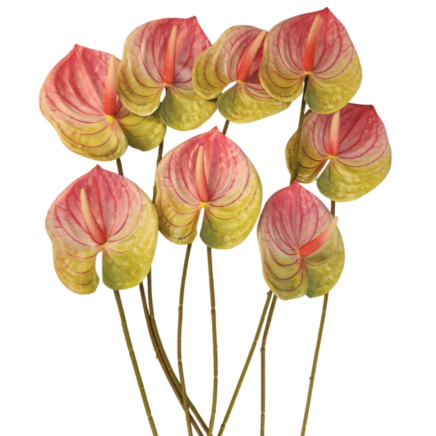 Pink Green Artificial Anthurium Stems Set of 3, 23 Inch Faux Tropical Home Decor