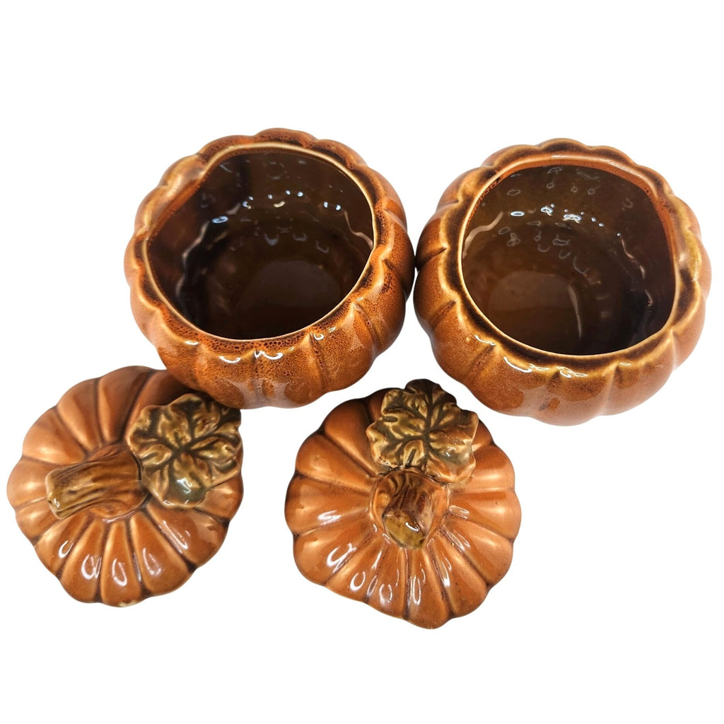TII Collections Ceramic Pumpkin Containers Lids Set 2 Sugar Bowl Candy Dish Fall