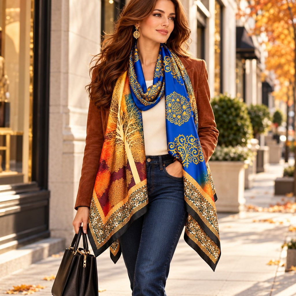A woman walking on a city sidewalk wearing a brown blazer, blue jeans, and a vibrant multicolor scarf with blue, gold, orange, and yellow patterns. She is holding a black handbag.