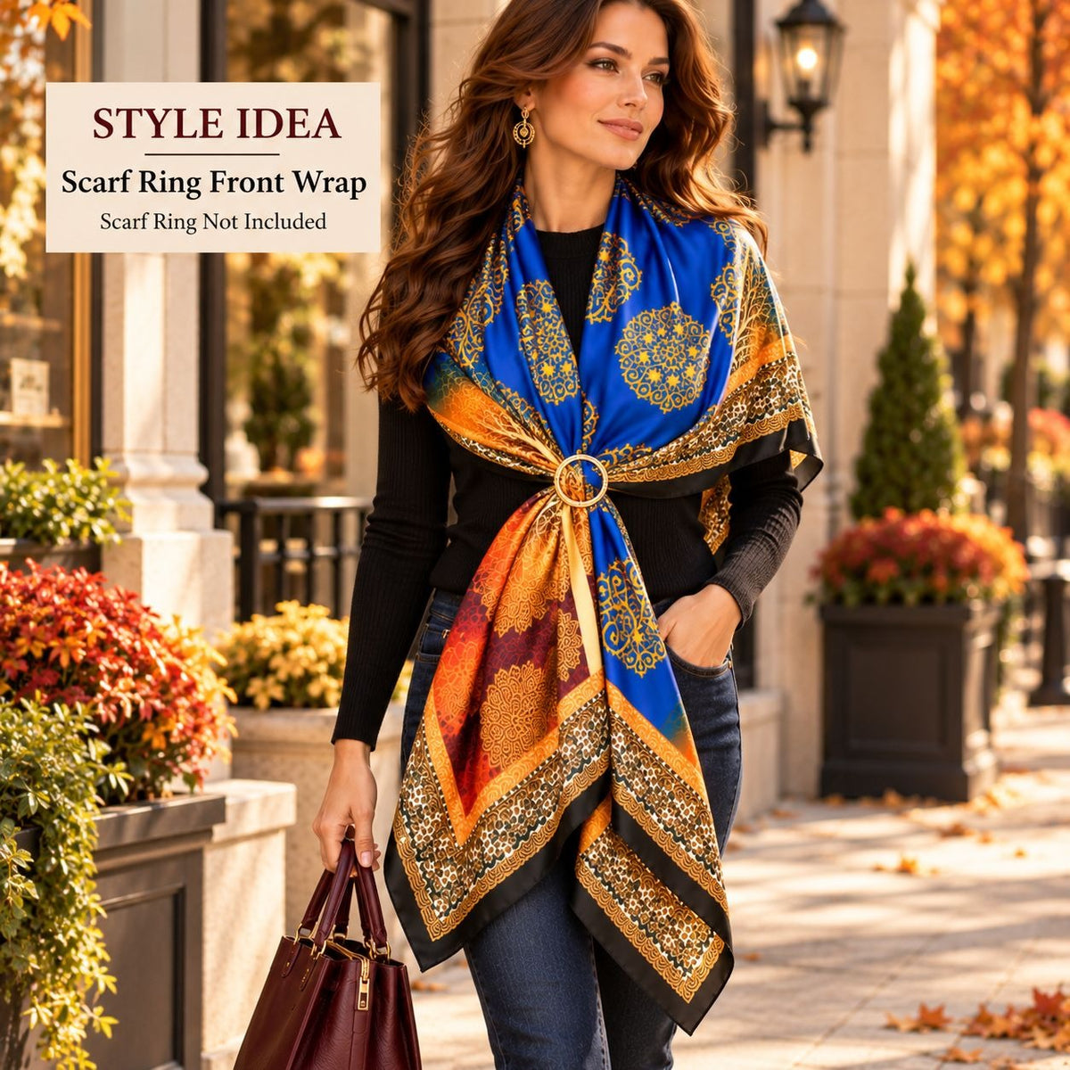 A woman stands on a city sidewalk wearing a large patterned scarf wrapped around her body. The scarf has a vivid blue base with ornate gold motifs and multicolored border sections in orange, red, and brown.