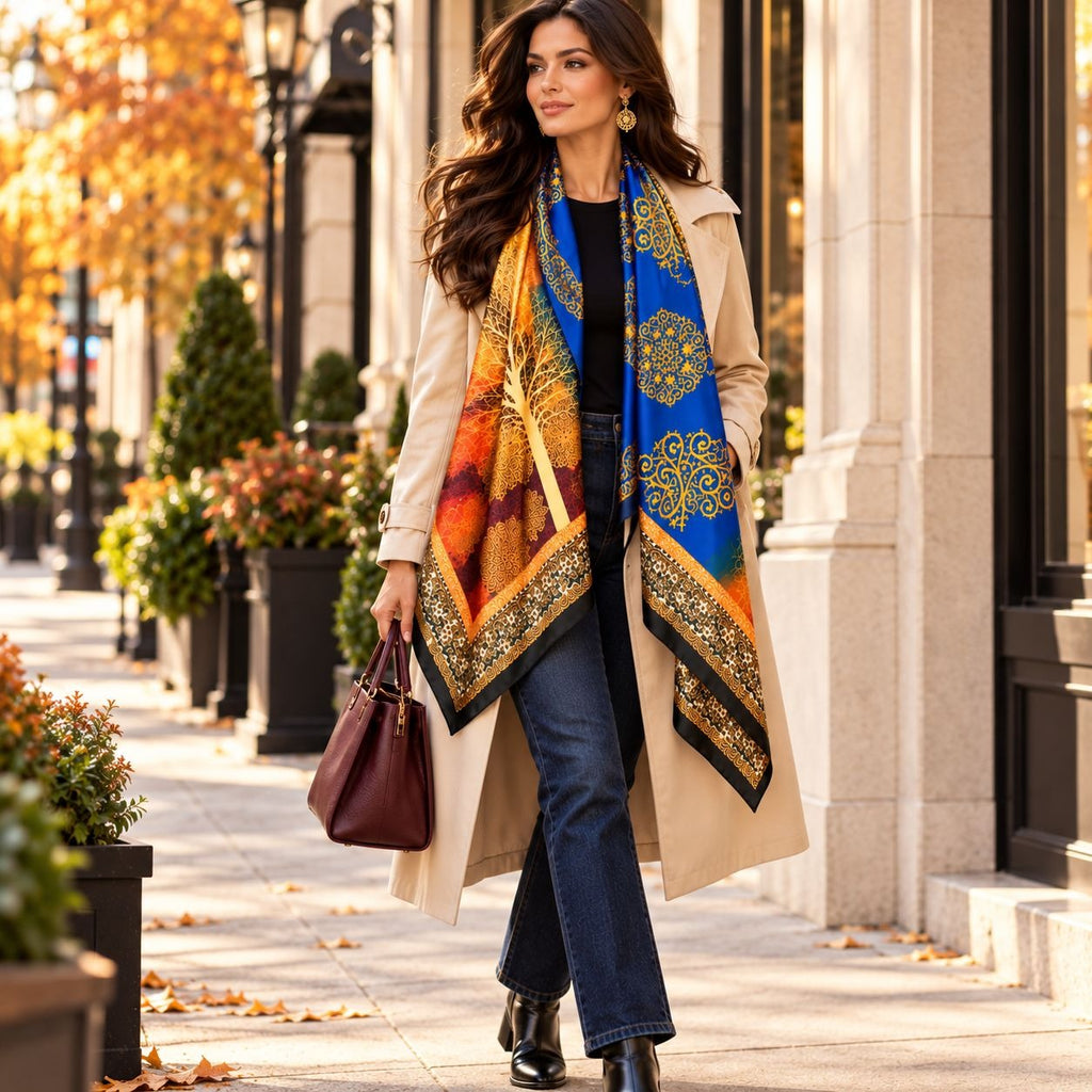A woman walking on a city sidewalk wearing a long beige trench coat, a vibrant multicolor patterned scarf with blue, gold, and orange tones, dark blue jeans, and black boots, while carrying a brown leather handbag.