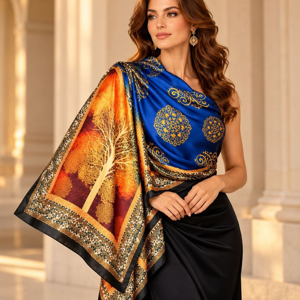 A woman models a luxurious blue and orange printed scarf with gold patterns and a black skirt, set against a warm, classical columned background.