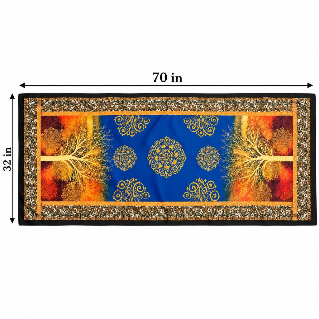 A rectangular decorative satin scarf shown flat on a white background, with dimension labels indicating 70 inches wide and 32 inches tall. The design features a vivid blue center with gold ornamental motifs, fiery orange and red abstract side panels, and tree-like gold forms over those panels.