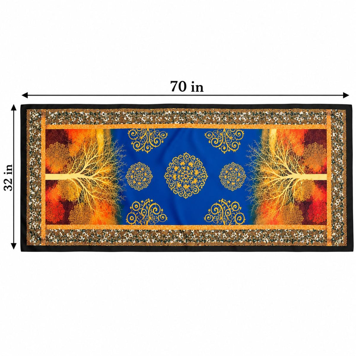 A rectangular decorative satin scarf shown flat on a white background, with dimension labels indicating 70 inches wide and 32 inches tall. The design features a vivid blue center with gold ornamental motifs, fiery orange and red abstract side panels, and tree-like gold forms over those panels.