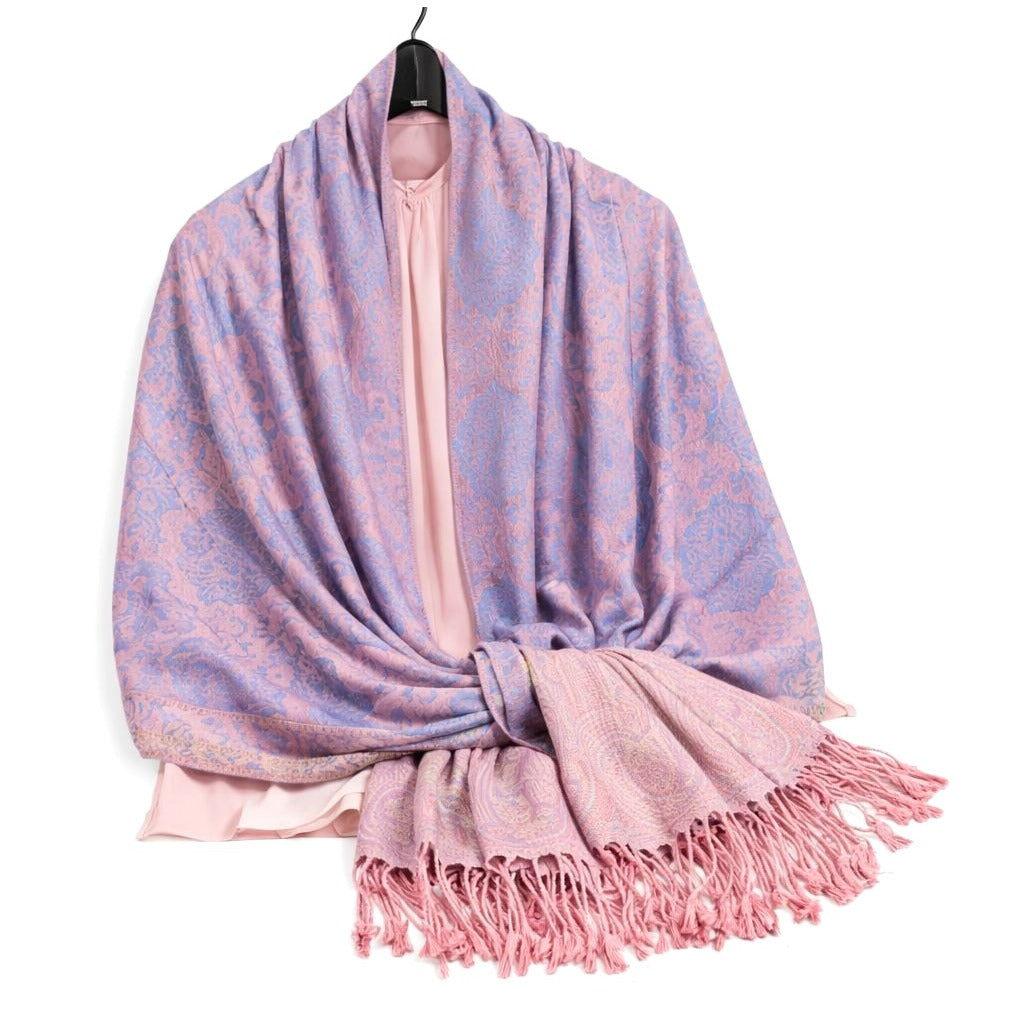 Dusty Blue & Blush Pink Paisley Scarf Shawl Wrap for Women Large Soft Fringe Pashmina Style Lightweight Boho Fashion Wrap