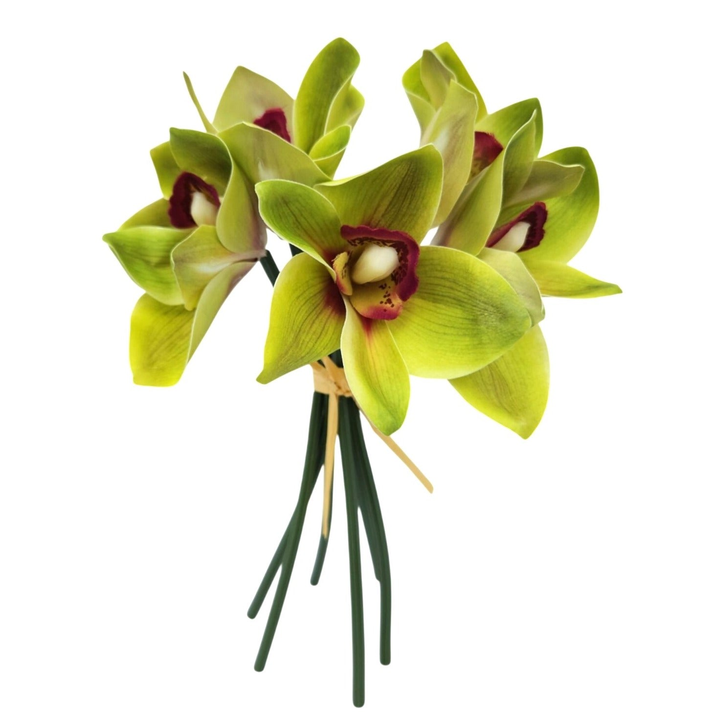 Artificial Green Cymbidium Orchid Stems Set of 5 Real Touch Faux Flowers Decor