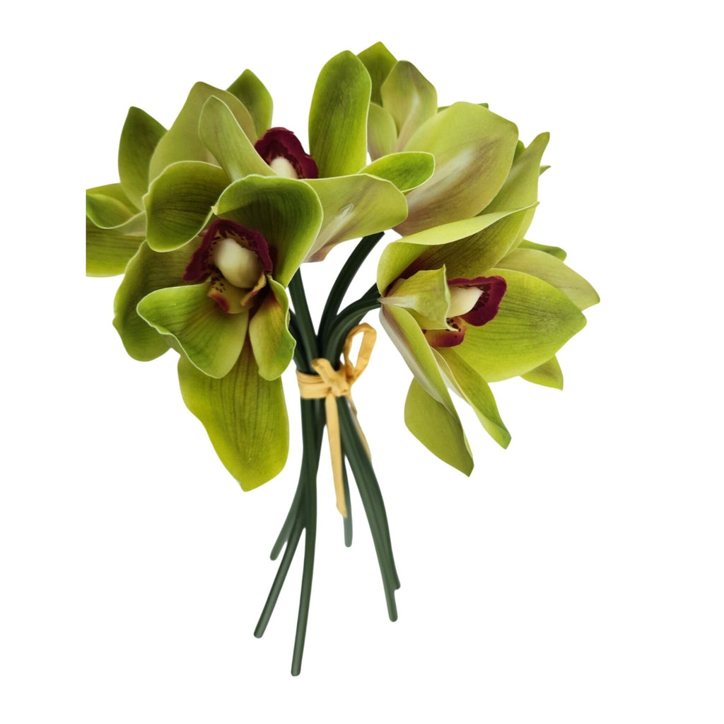 Artificial Green Cymbidium Orchid Stems Set of 5 Real Touch Faux Flowers Decor