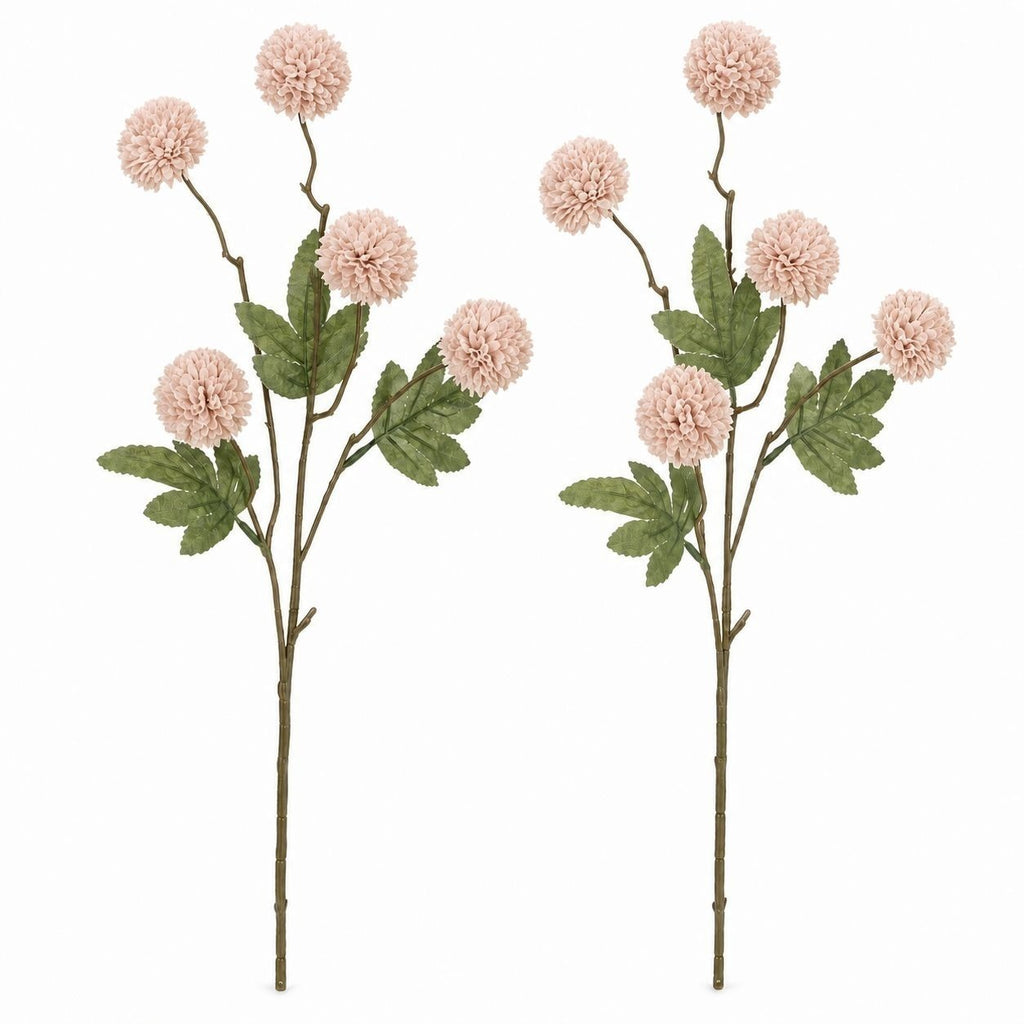 Soft Nude Blush Pom Pom Chrysanthemum Stems Set of 2, 20 Inch Artificial Silk Flowers