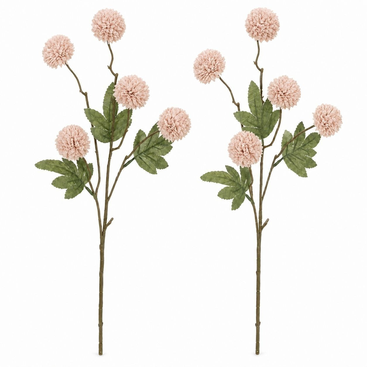Soft Nude Blush Pom Pom Chrysanthemum Stems Set of 2, 20 Inch Artificial Silk Flowers