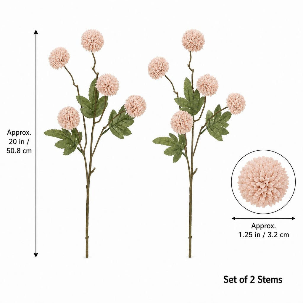Soft Nude Blush Pom Pom Chrysanthemum Stems Set of 2, 20 Inch Artificial Silk Flowers