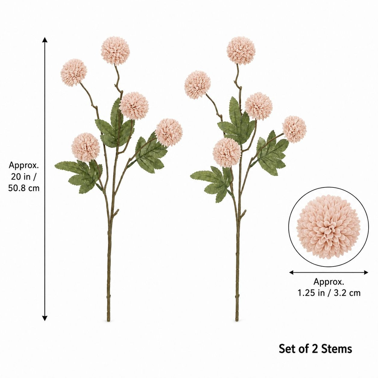 Soft Nude Blush Pom Pom Chrysanthemum Stems Set of 2, 20 Inch Artificial Silk Flowers