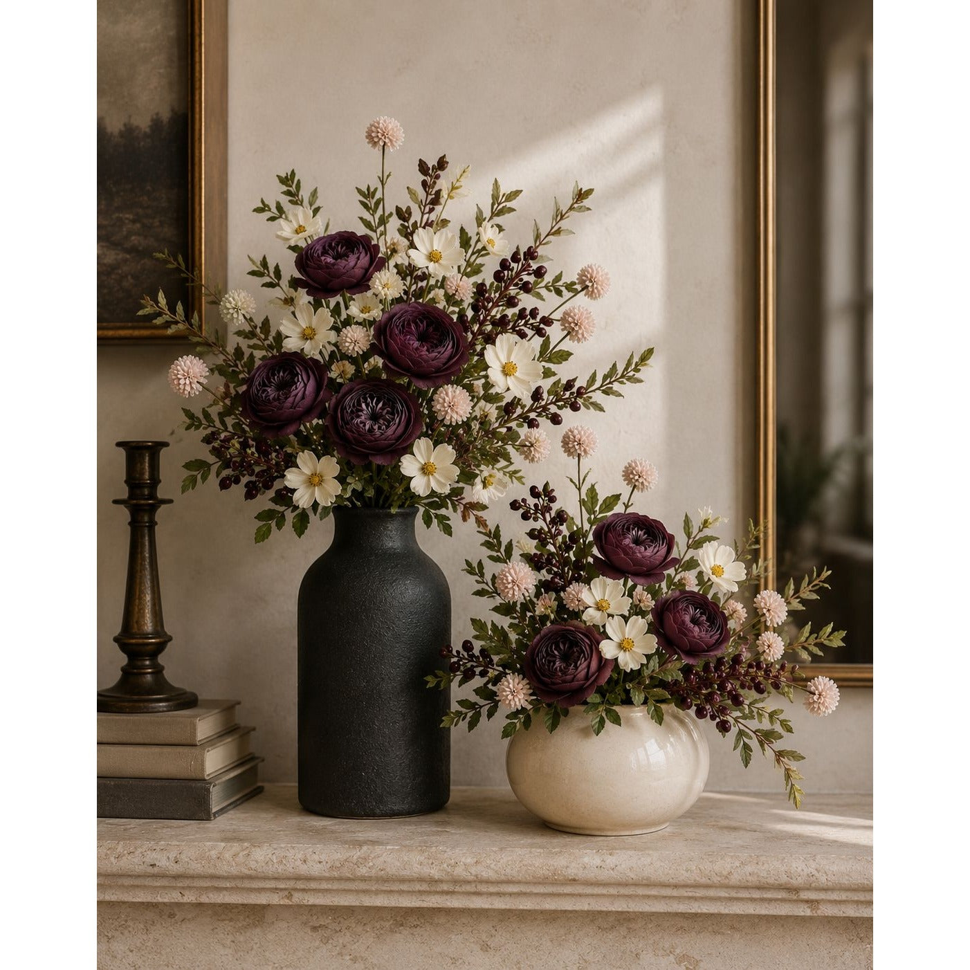Soft Nude Blush Pom Pom Chrysanthemum Stems Set of 2, 20 Inch Artificial Silk Flowers