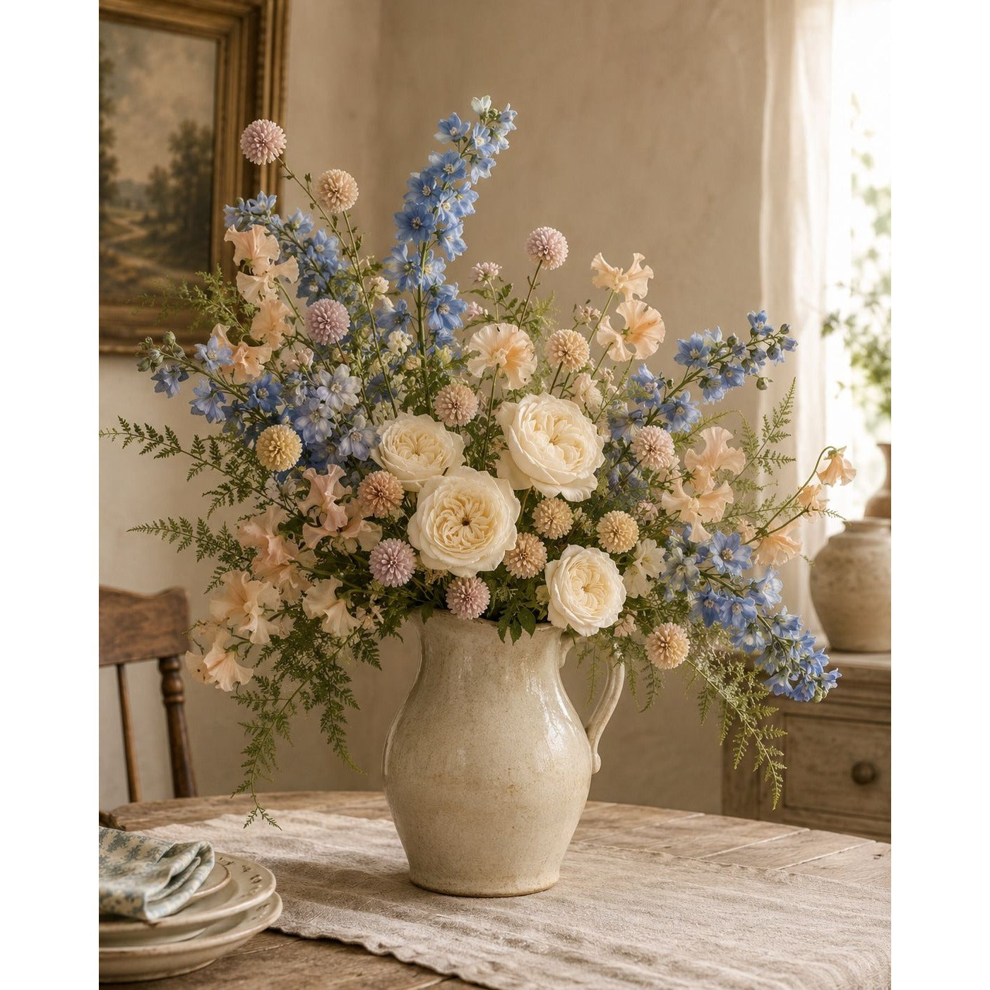 Soft Nude Blush Pom Pom Chrysanthemum Stems Set of 2, 20 Inch Artificial Silk Flowers